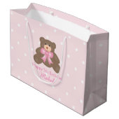 かわいいパステルピンクリボンテディベアーガール誕生日 ラージペーパーバッグ (裏面アングル)