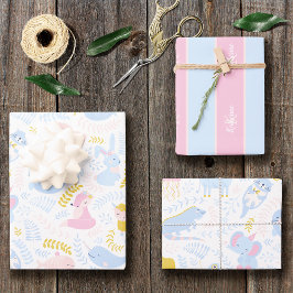 かわいいパステルピンク動物モノグラムガールベビーシャワー ラッピングペーパーシート