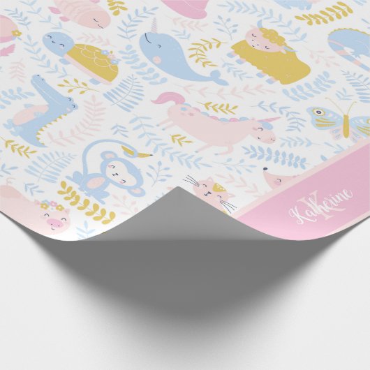 かわいいパステルピンク動物モノグラムガールベビーシャワー ラッピングペーパー (角)