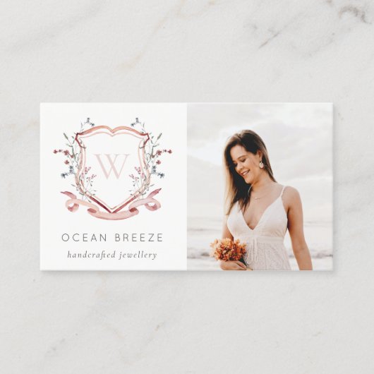 かわいいパステルピンク野花フォトクレストモノグラム 名刺 (正面)