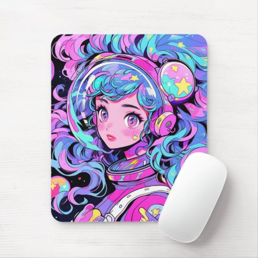 かわいいパステルピンク&ブルー宇宙アニメガール マウスパッド (マウス)