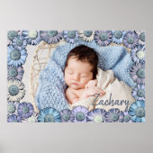 かわいいパステルブルーのデイジー ベビーボーイ 名前 フォト ぬりえ ポスター (正面)