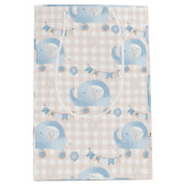 かわいいパステルブルーアイボリー格子象ボーイシャワー ミディアムペーパーバッグ (正面)