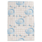 かわいいパステルブルーアイボリー格子象ボーイシャワー ミディアムペーパーバッグ (裏面)