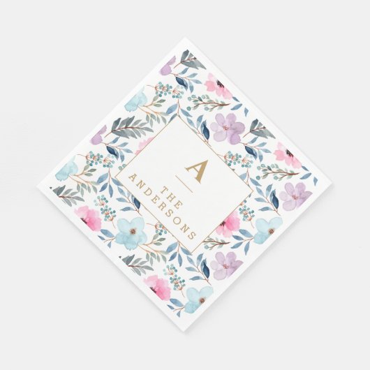 かわいいパステルブルーウォーターカラーフラワーズモノグラム スタンダードランチョンナプキン (角)