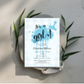 かわいいパステルブルーギンガムベビーシャワー 招待状