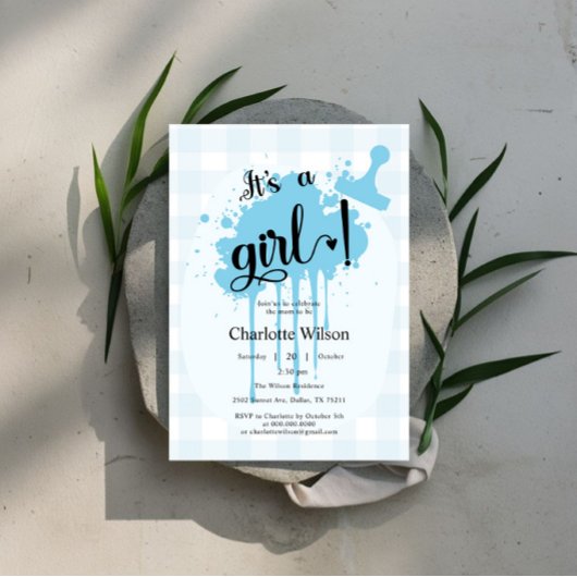 かわいいパステルブルーギンガムベビーシャワー 招待状