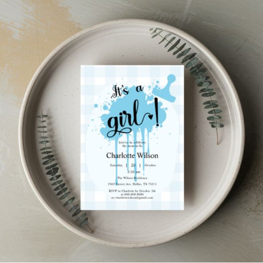 かわいいパステルブルーギンガムベビーシャワー 招待状