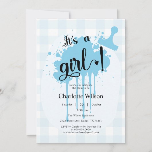 かわいいパステルブルーギンガムベビーシャワー 招待状 (正面)