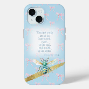 かわいいパステルブルーピンクのリボンの聖書ターコイズビー iPhone 15ケース