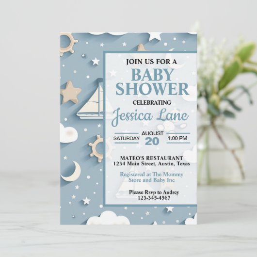 かわいいパステルブルーボーイベビー航海のシャワー 招待状 (スタンド正面)