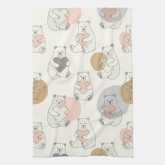 かわいいパステルベアハート柄 キッチンタオル (縦)