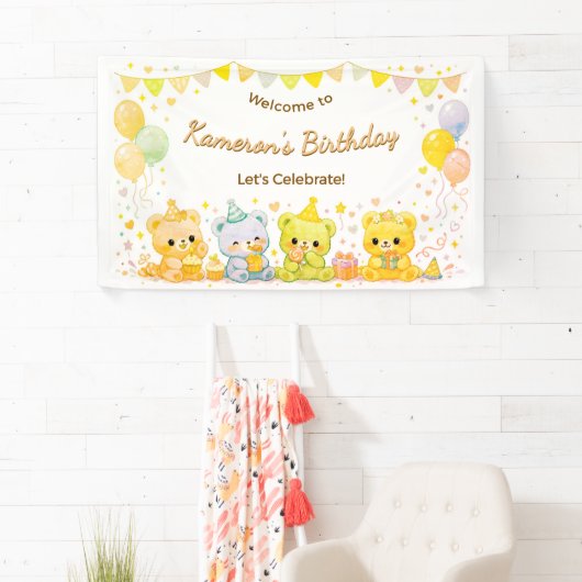 かわいいパステルベイビーベアの誕生日パーティー　男女兼用 横断幕 (インサイチュ)