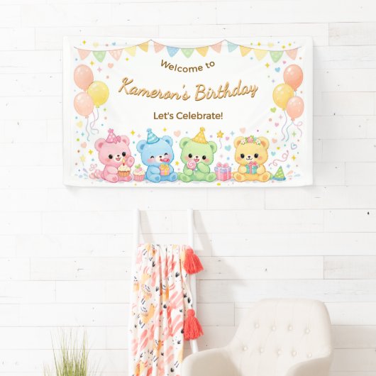かわいいパステルベイビーベアの誕生日パーティー　男女兼用 横断幕 (インサイチュ)