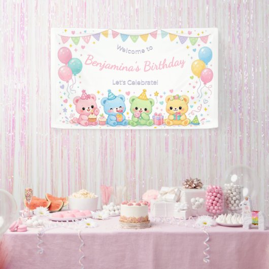 かわいいパステルベイビーベアーズの誕生日パーティーの女の子 横断幕 (パーティー)
