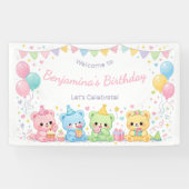 かわいいパステルベイビーベアーズの誕生日パーティーの女の子 横断幕 (横)