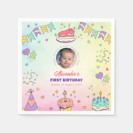 かわいいパステルベイビーボーイの1歳の誕生日記念フォトナプキン スタンダードカクテルナプキン
