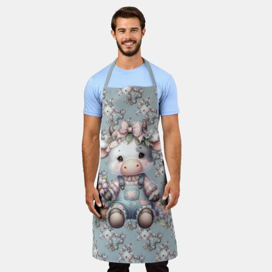 かわいいパステルベビーカウインオーバーオール花 エプロン (着用した状態)