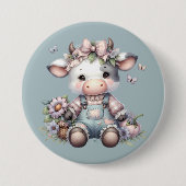 かわいいパステルベビーカウインオーバーオール花 缶バッジ (正面)