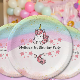 かわいいパステルユニコーンとレインボーの誕生日パーティー ペーパープレート