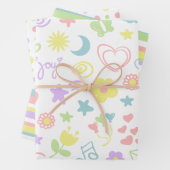かわいいパステルラブスマイル水玉模様ストライプキッズギフト ラッピングペーパーシート (インサイチュ)