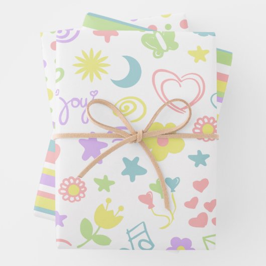 かわいいパステルラブスマイル水玉模様ストライプキッズギフト ラッピングペーパーシート (インサイチュ)