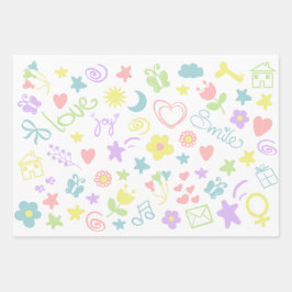 かわいいパステルラブスマイル水玉模様ストライプキッズギフト ラッピングペーパーシート