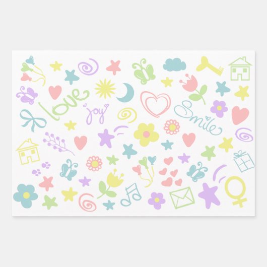 かわいいパステルラブスマイル水玉模様ストライプキッズギフト ラッピングペーパーシート (正面)