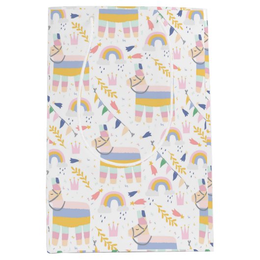 かわいいパステルラマスとレインボーズベビーシャワー ミディアムペーパーバッグ (正面)
