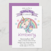 かわいいパステルレインボーとスパークリーなユニコーンのパーティー 招待状 (正面/裏面)