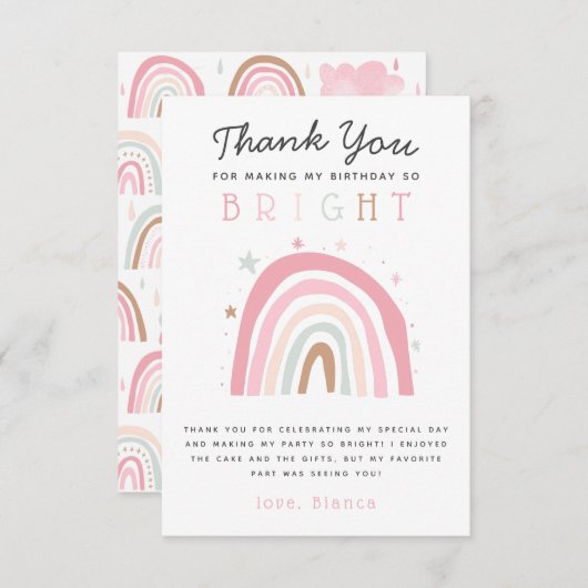 かわいいパステルレインボーガールの誕生日パーティー サンキューカード (正面/裏面)