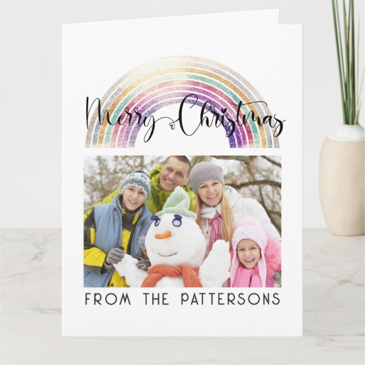 かわいいパステルレインボーファミリーフォトメリークリスマス カード (正面)