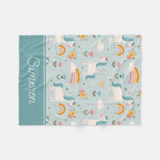 かわいいパステルレインボーユニコーンパターン フリースブランケット (正面(横))