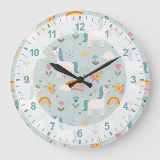 かわいいパステルレインボーユニコーンパターン ラージ壁時計 (正面)