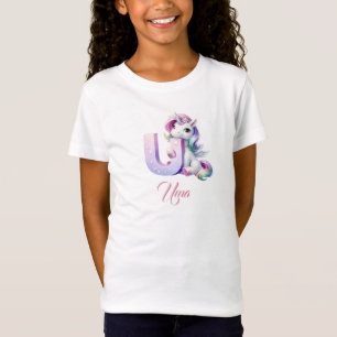 かわいいパステルレインボーユニコーンレターUモノグラム Tシャツ