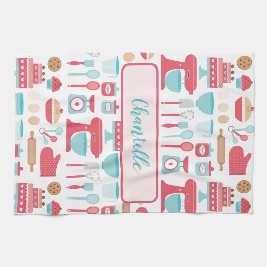 かわいいパステルレトロなキッチン器具のパターン キッチンタオル (横)