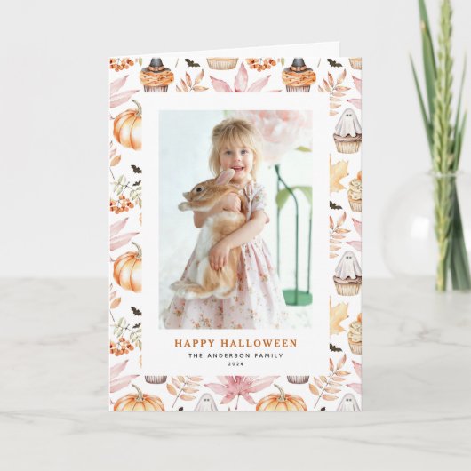 かわいいパステル不気味カップケーキハッピーハローウィン写真 シーズンカード (正面)