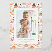かわいいパステル不気味カップケーキハッピーハローウィン写真 箔シーズンカード (正面)
