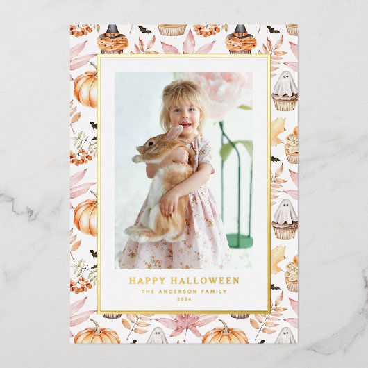 かわいいパステル不気味カップケーキハッピーハローウィン写真 箔シーズンカード (正面)