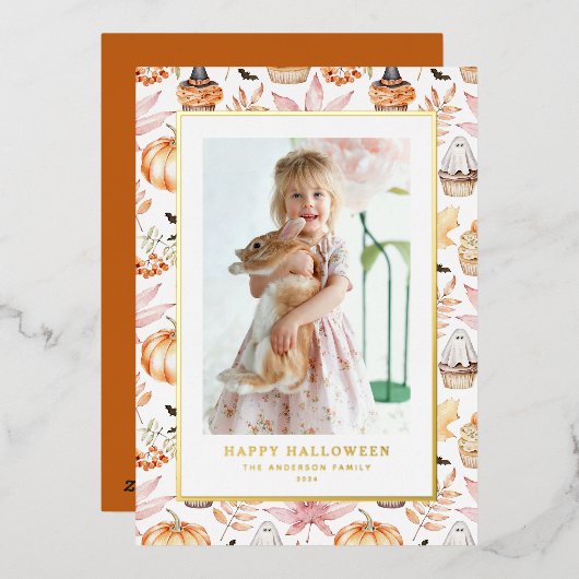 かわいいパステル不気味カップケーキハッピーハローウィン写真 箔シーズンカード (正面/裏面)