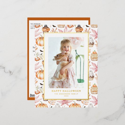 かわいいパステル不気味カップケーキハッピーハローウィン写真 箔シーズンポストカード (正面/裏面)