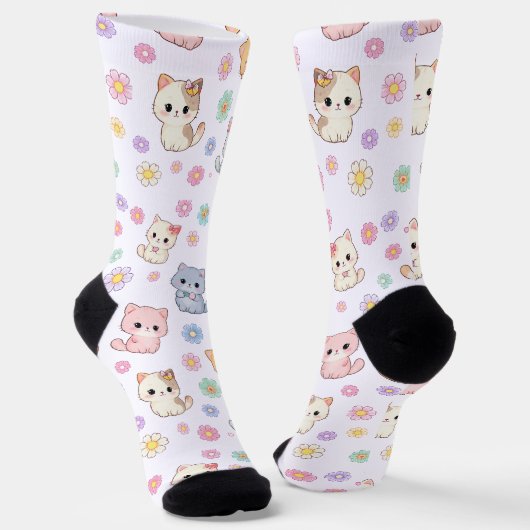 かわいいパステル子猫と花 ソックス (傾斜あり)