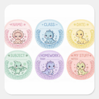 かわいいパステル恐竜学校ラベル | 幼稚園名 スクエアシール