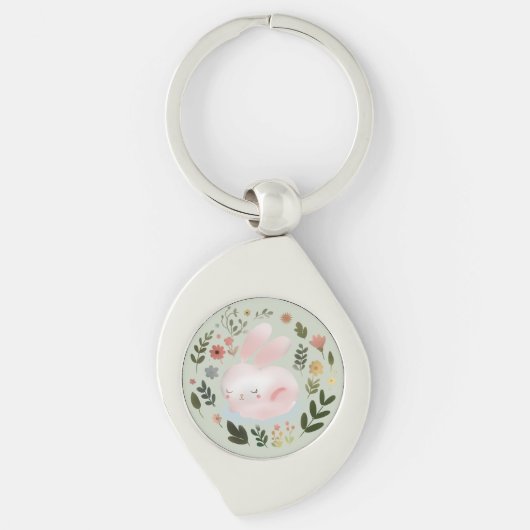 かわいいパステル春うさぎの花輪の保育園アート キーホルダー (正面)