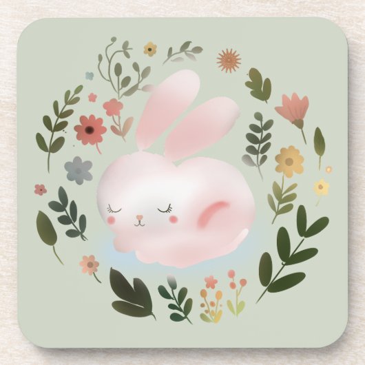 かわいいパステル春うさぎの花輪の保育園アート コースター (正面)