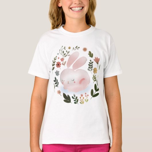 かわいいパステル春うさぎの花輪の保育園アート Tシャツ (正面)
