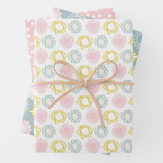 かわいいパステル春の花、水玉模様&ストライプ ラッピングペーパーシート (インサイチュ)