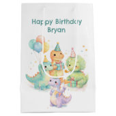 かわいいパステル水彩恐竜の誕生日 ミディアムペーパーバッグ (裏面)