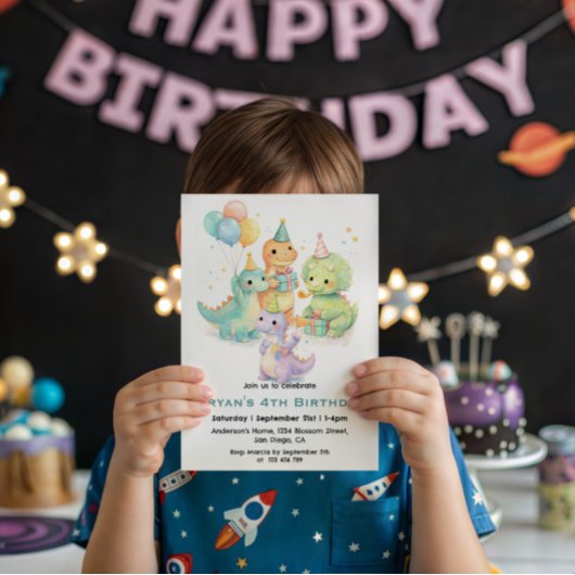 かわいいパステル水彩恐竜の誕生日 招待状