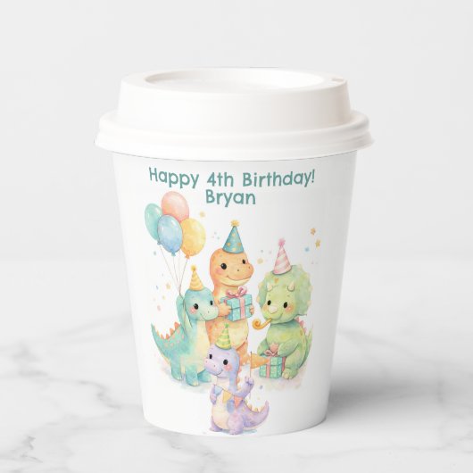 かわいいパステル水彩恐竜の誕生日 紙コップ (正面)